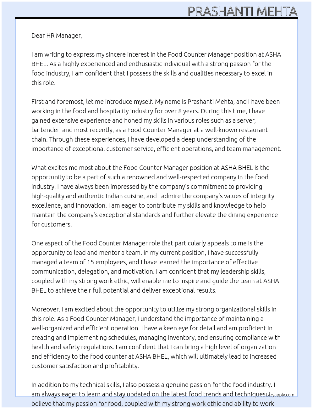 Food counter Manager At ASHA BHEL Cover Letter