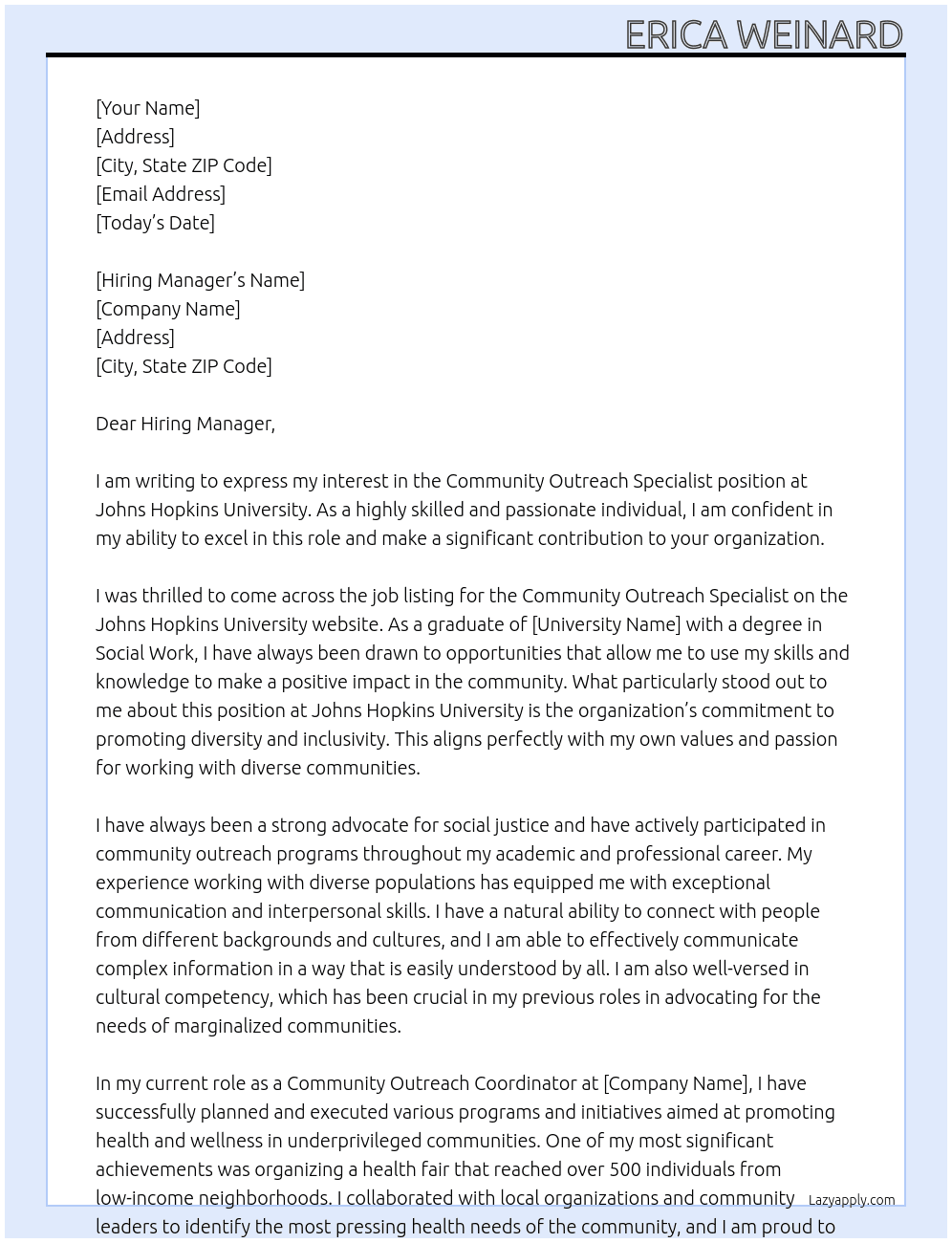 Community Outreach Specialist At Johns Hopkins University Cover Letter
