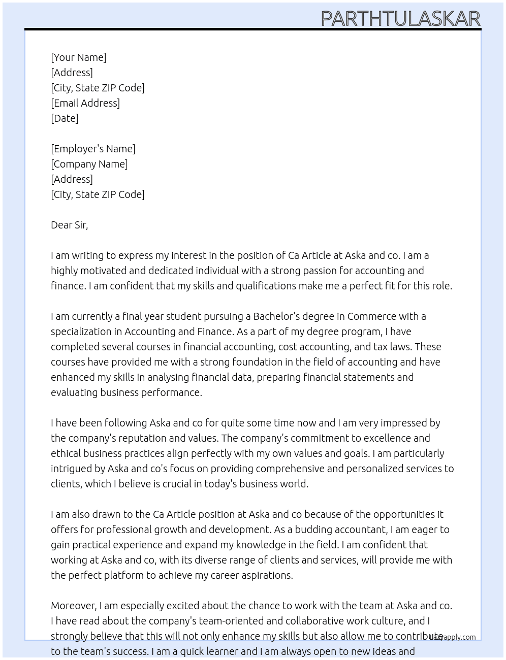 Ca Article  At Aska and co Cover Letter