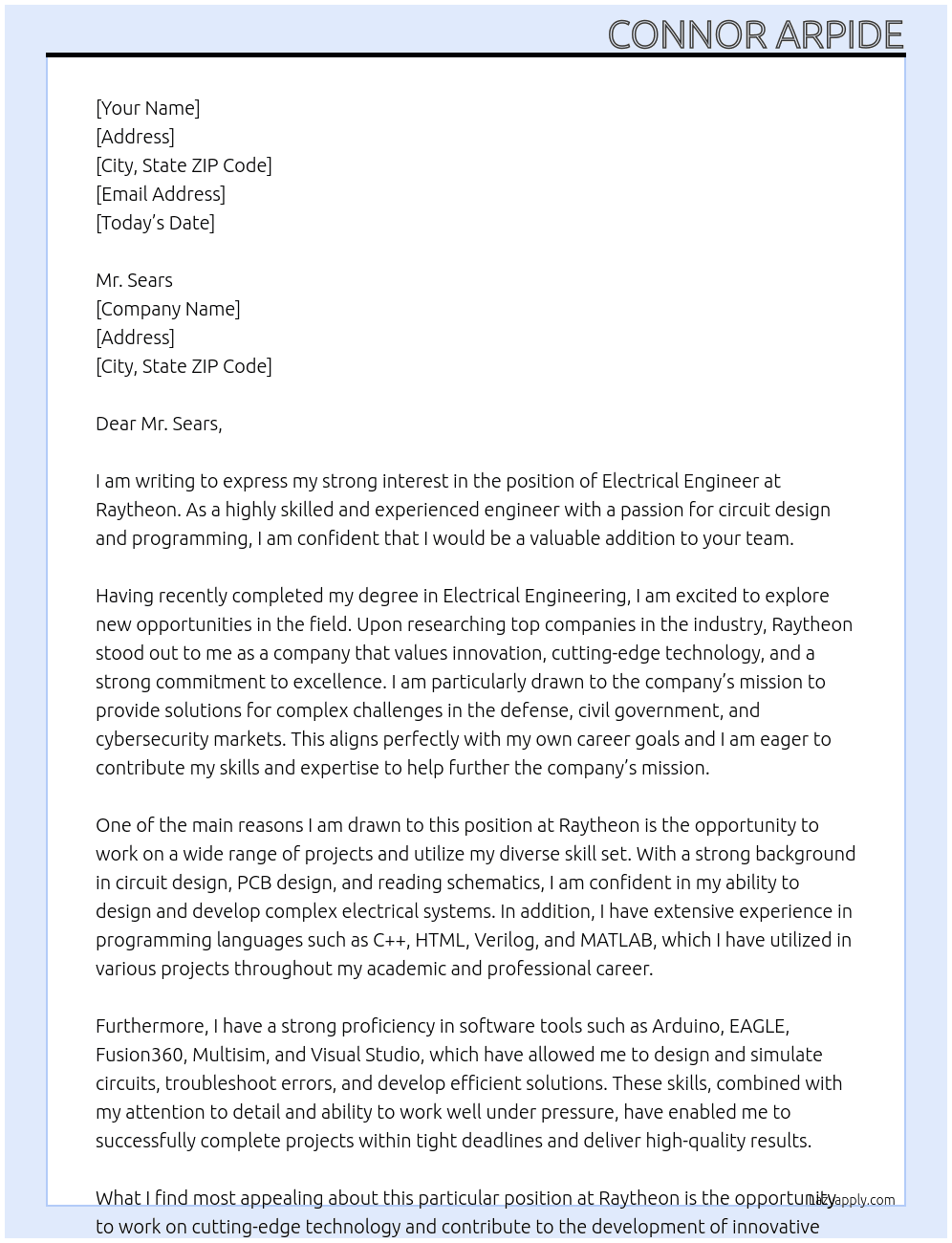 Electrical engineer At Raytheon Cover Letter