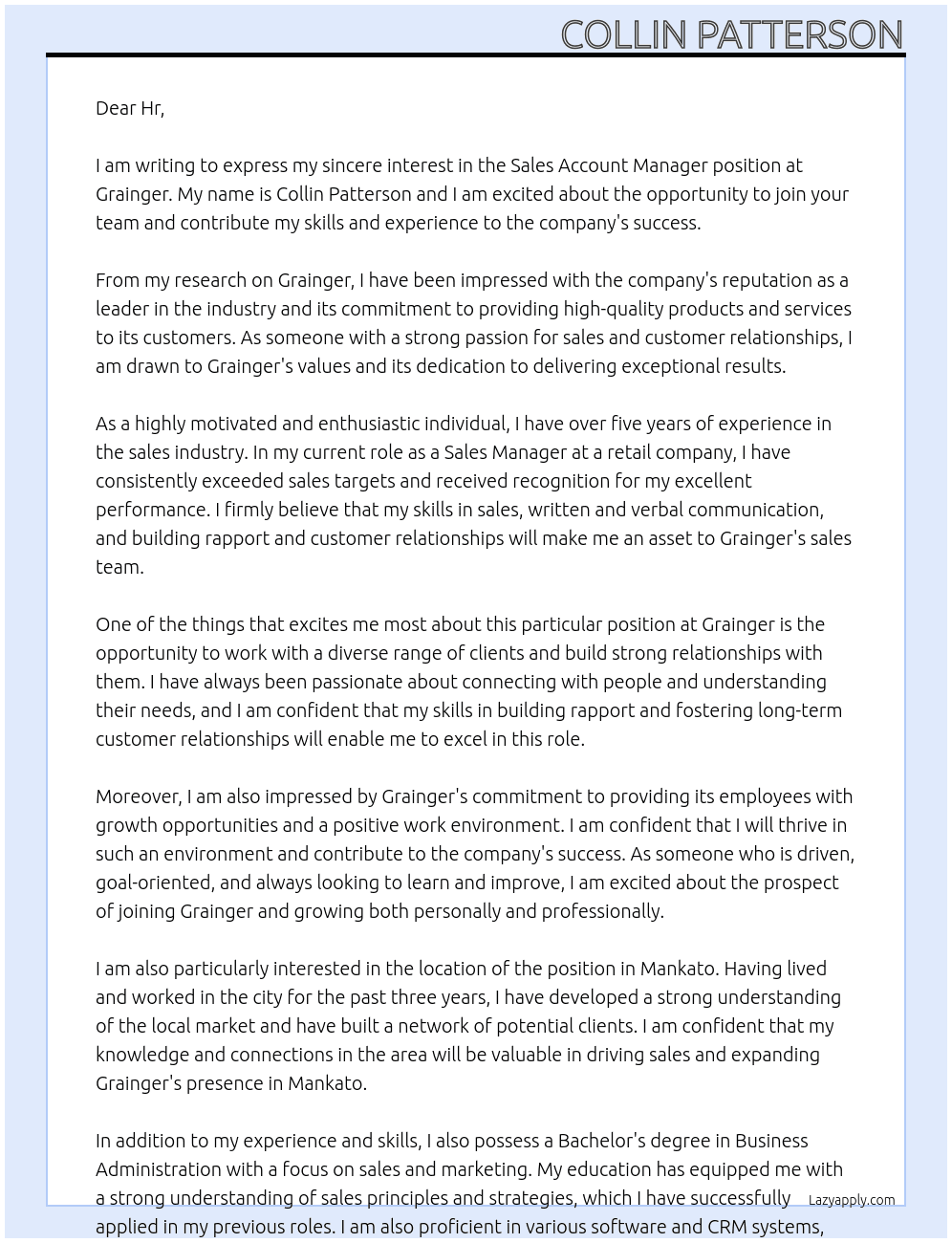 Sales account manager  At Grainger  Cover Letter