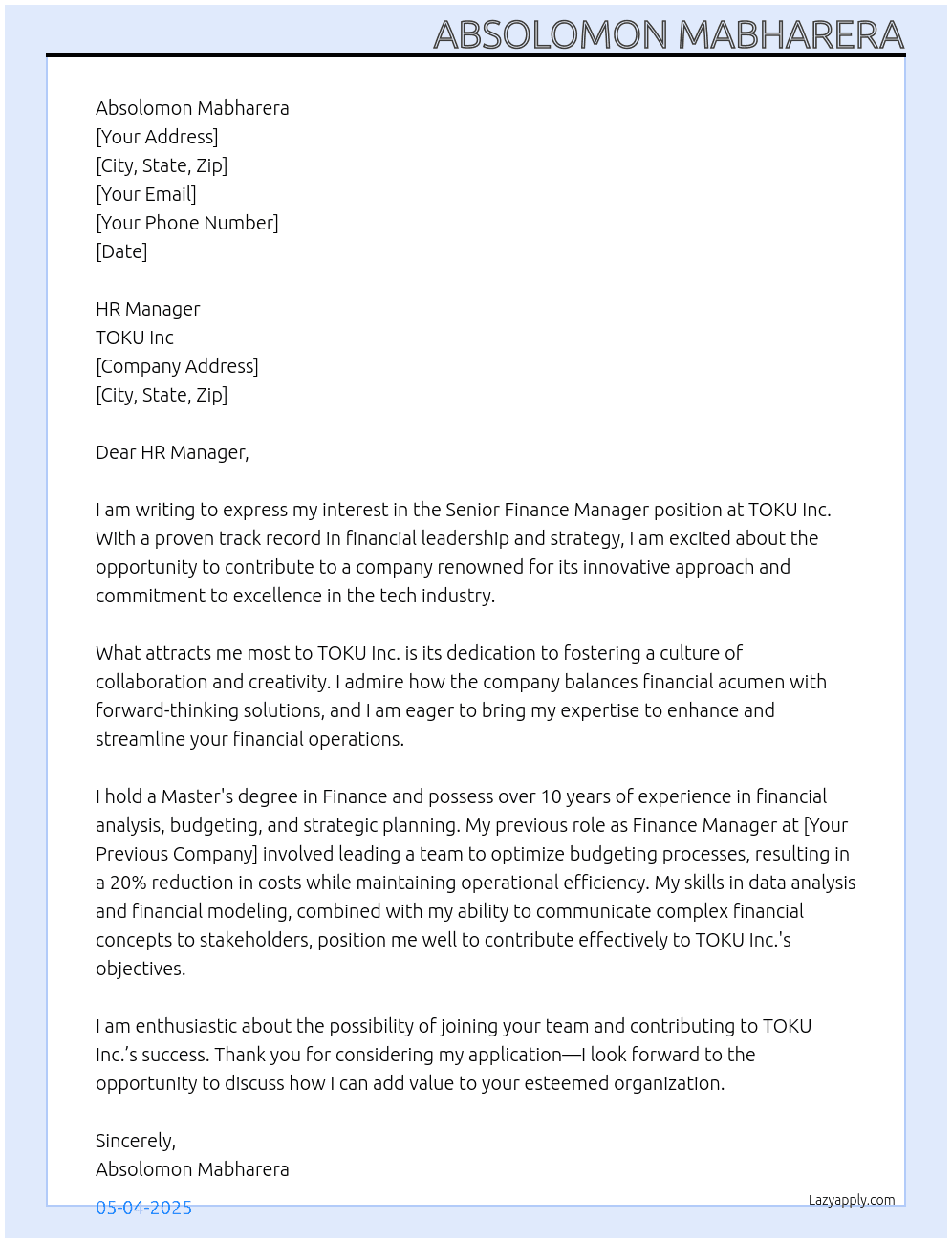 Senior Finance Manager At TOKU Inc Cover Letter