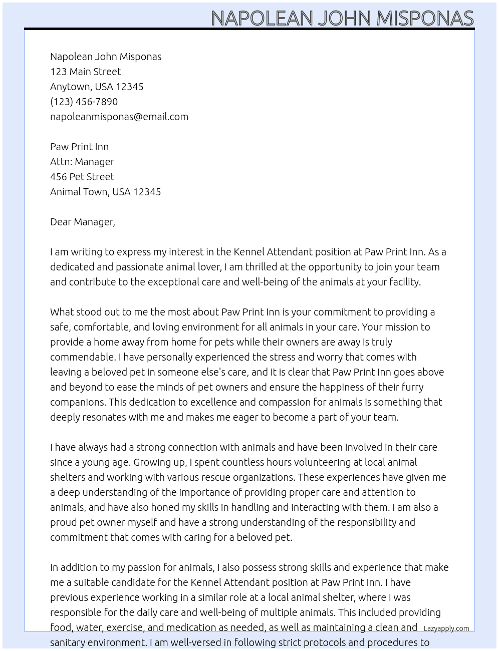 Kennel Attendant  At Paw Print Inn Cover Letter