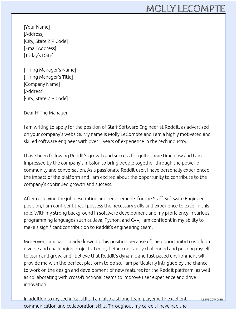 Staff Software Engineer At Reddit Cover Letter