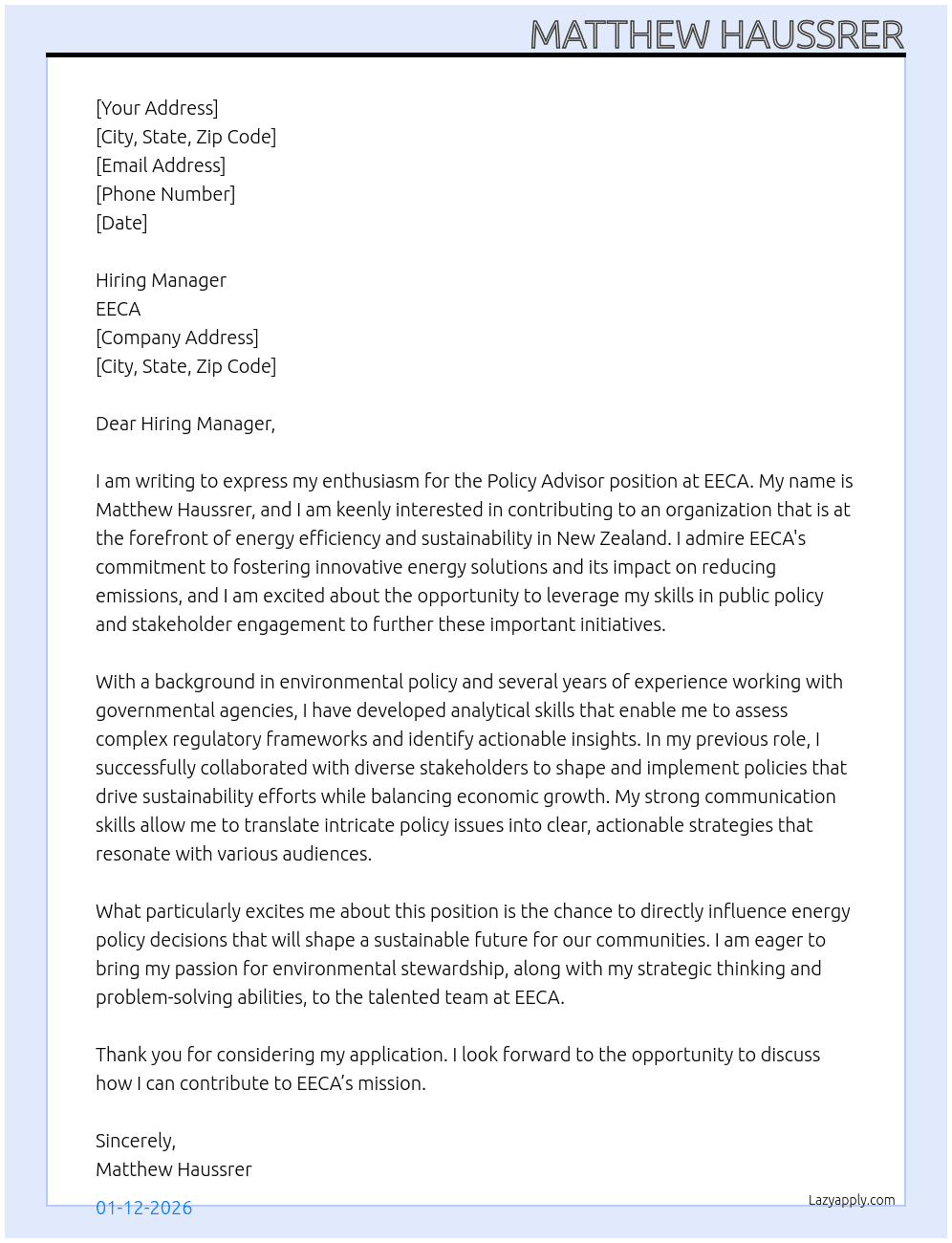 Cover letter for policy advisor - LazyApply