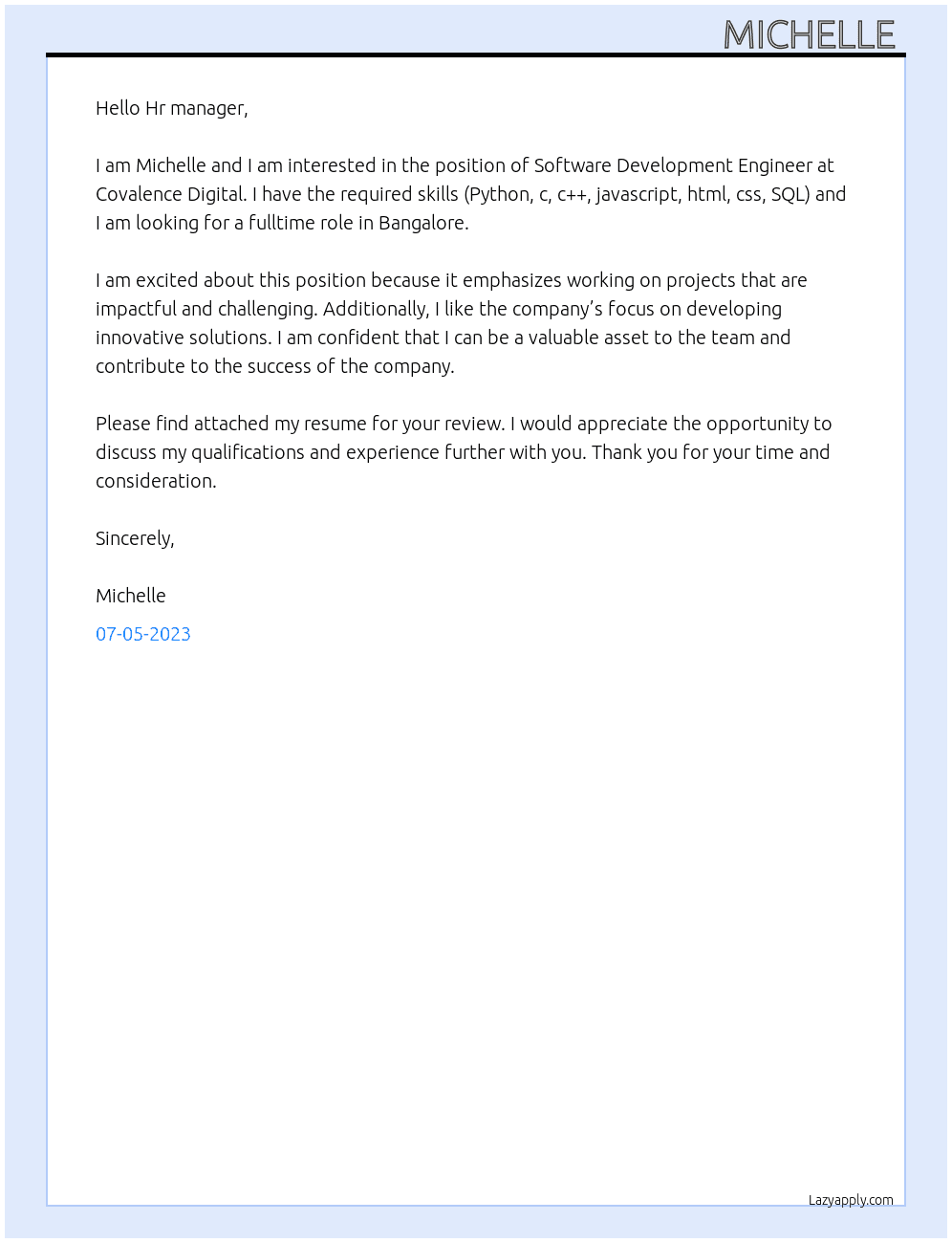 Software Development Engineer  At Covalence Digital  Cover Letter