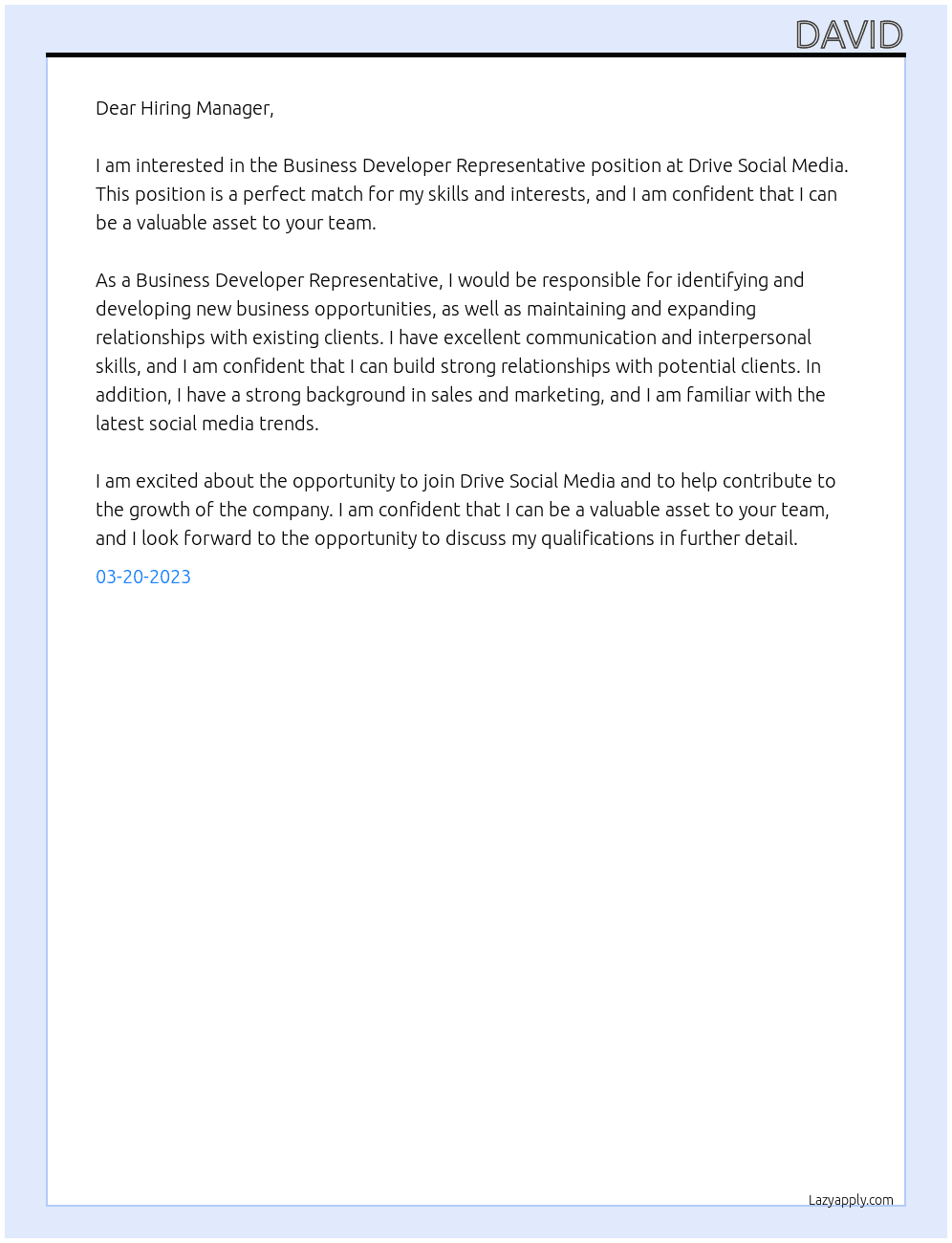 Bussiness developer Representative  At Drive Social Media Cover Letter