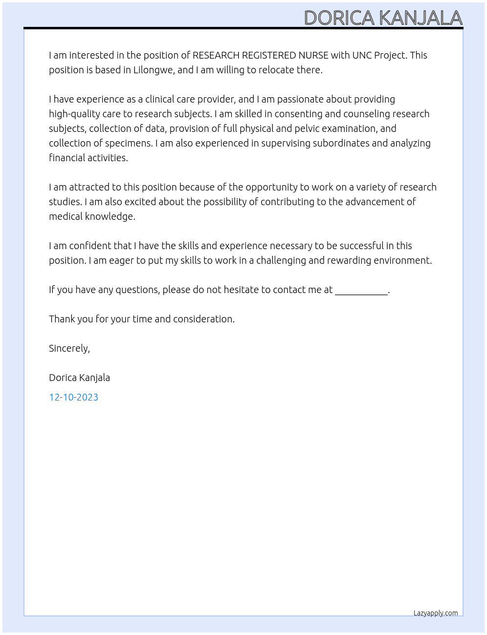 RESEARCH REGISTERED NURSE h3 At UNC Project  Cover Letter