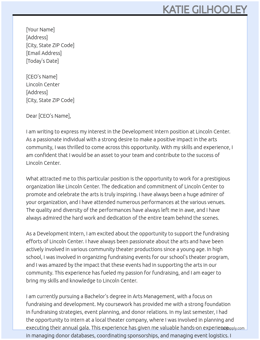 Development Intern At Lincoln Center Cover Letter