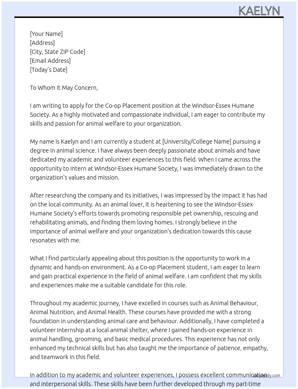 co op placement  At Windsor-Essex Humane Society Cover Letter
