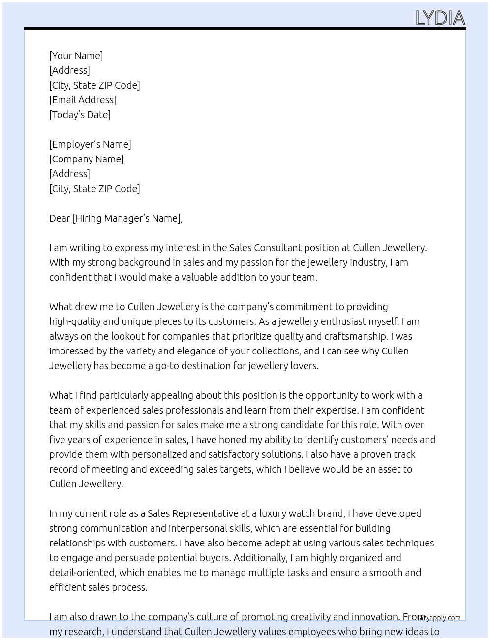 sales consultant At cullen jewlerry Cover Letter