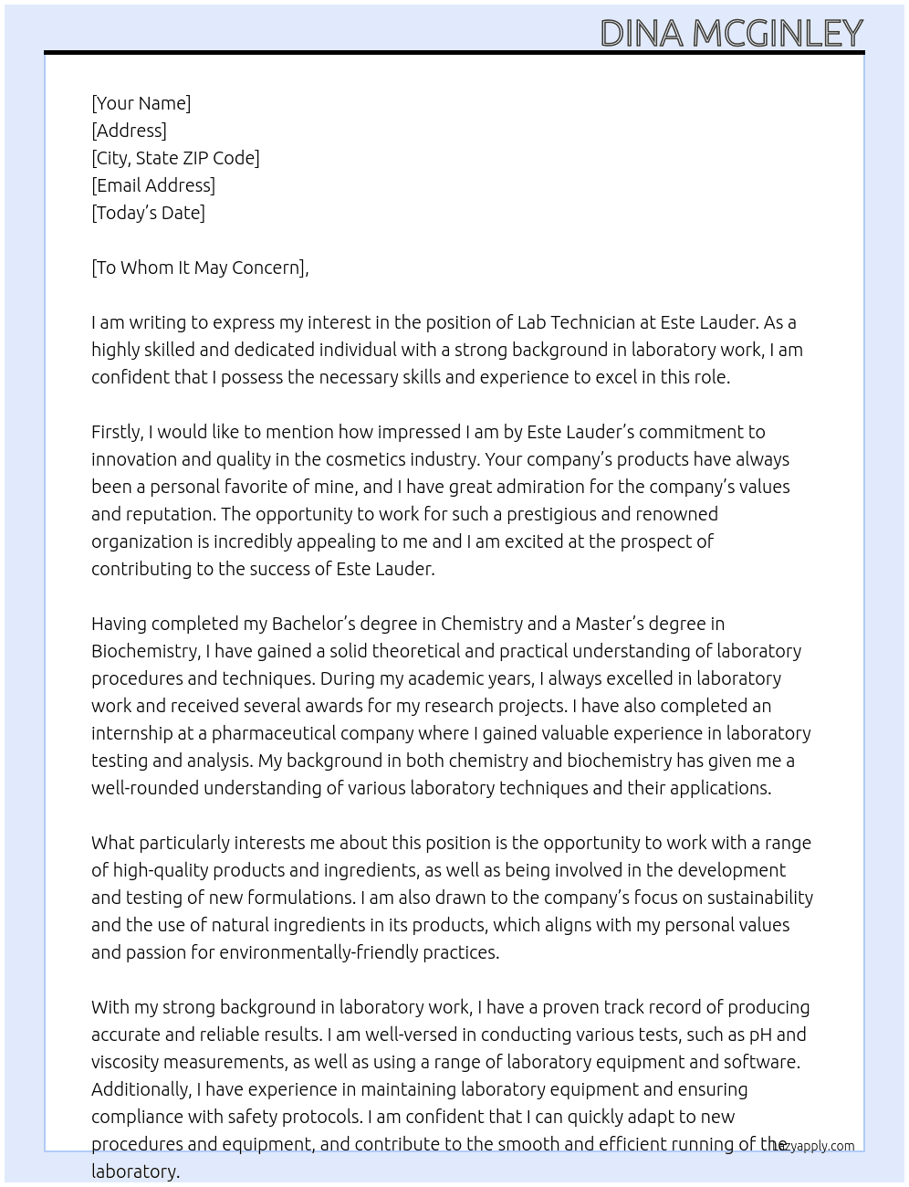 lab technician At Este Lauder Cover Letter