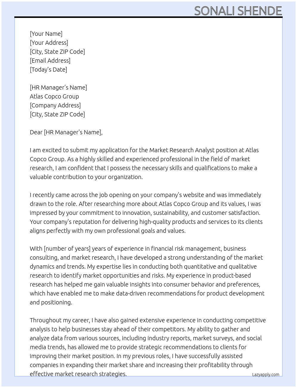 Market Research Analyst At Atlas Copco Group Cover Letter