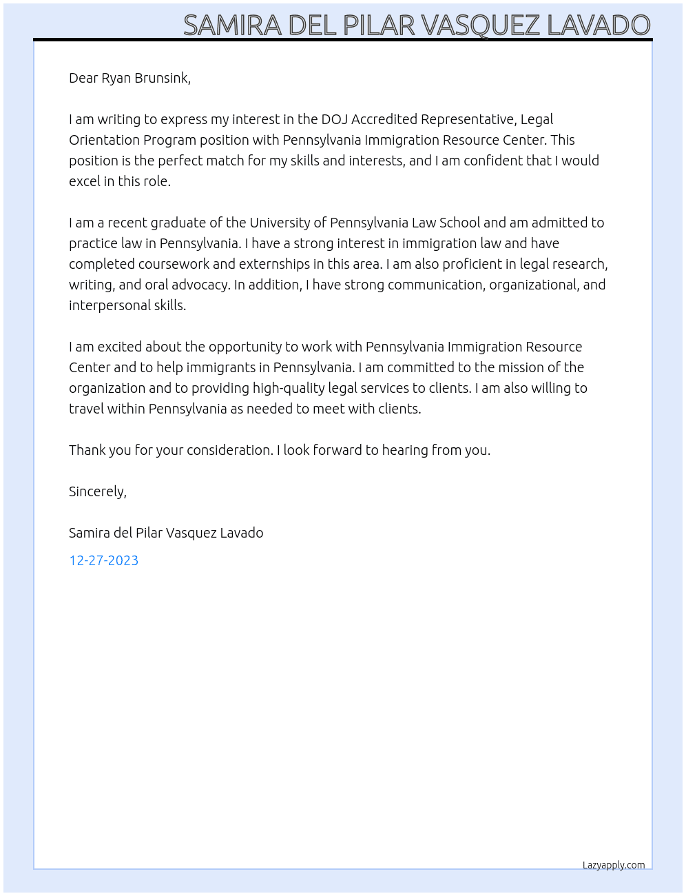 DOJ Accredited Representative, Legal Orientation Program At Pennsylvania Immigration Resource Center Cover Letter