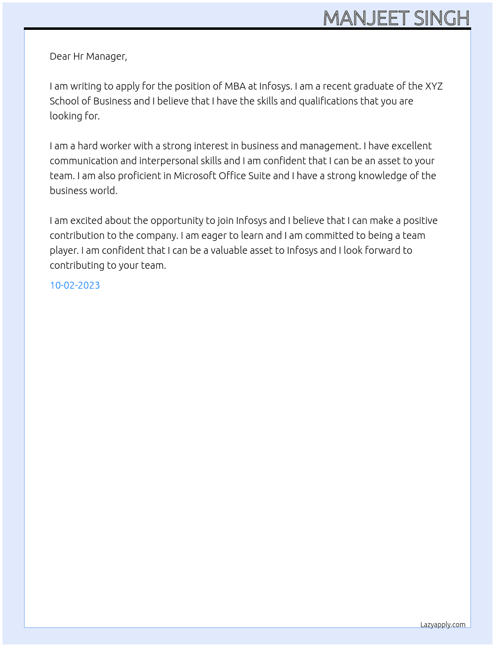 MBA At INFOSYS Cover Letter