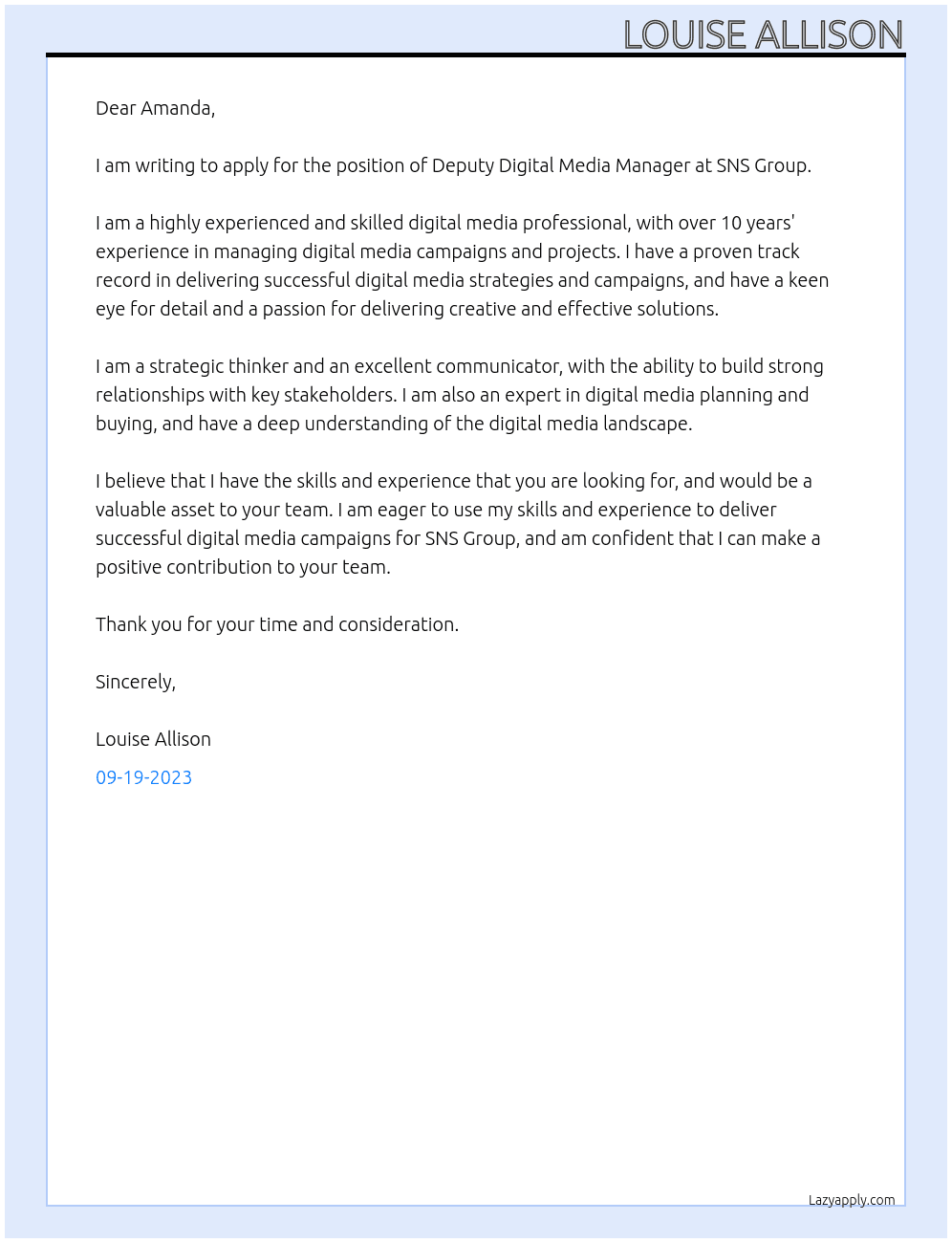 Deputy Digital Media Manager At SNS Group Cover Letter