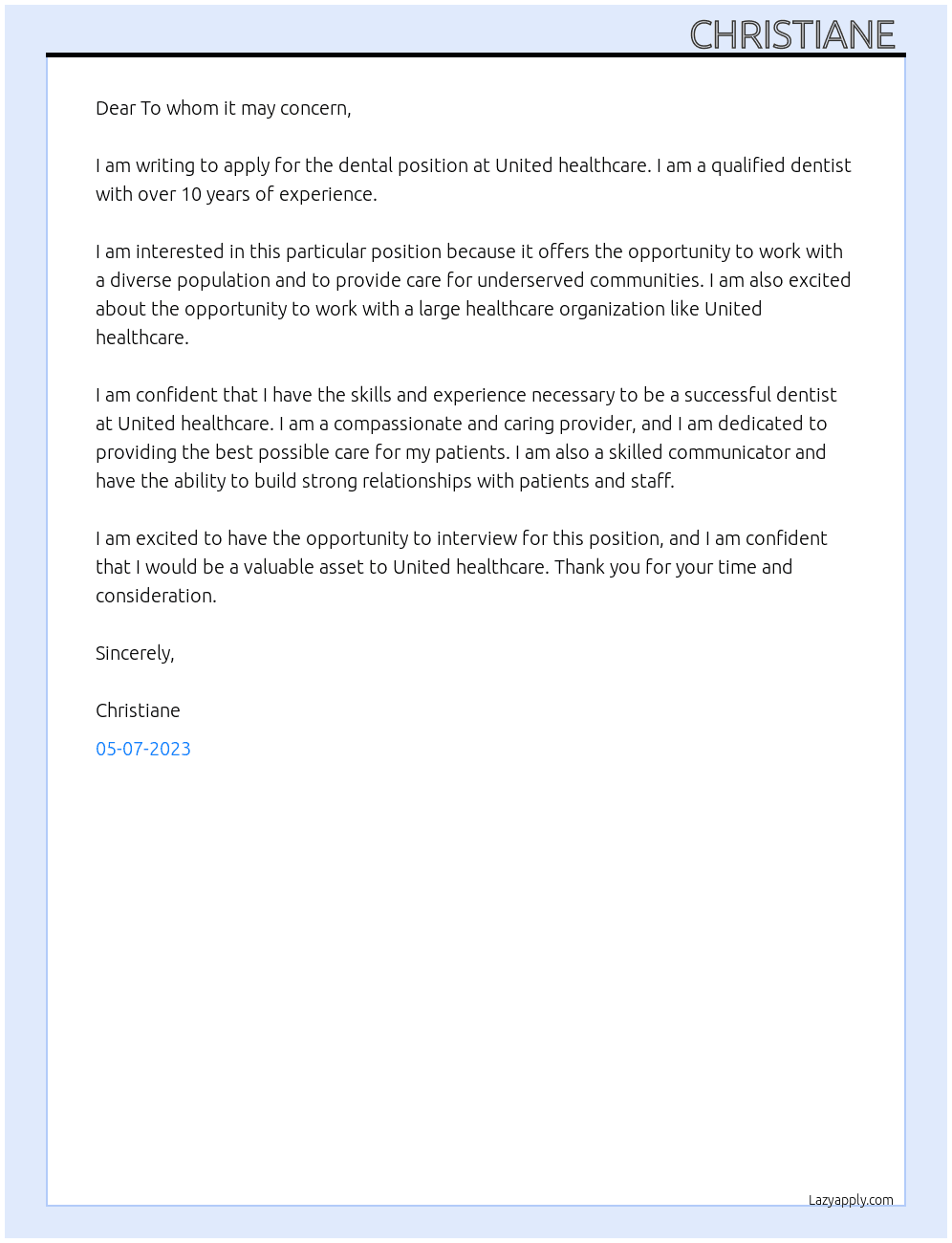 Dental  At United healthcare  Cover Letter