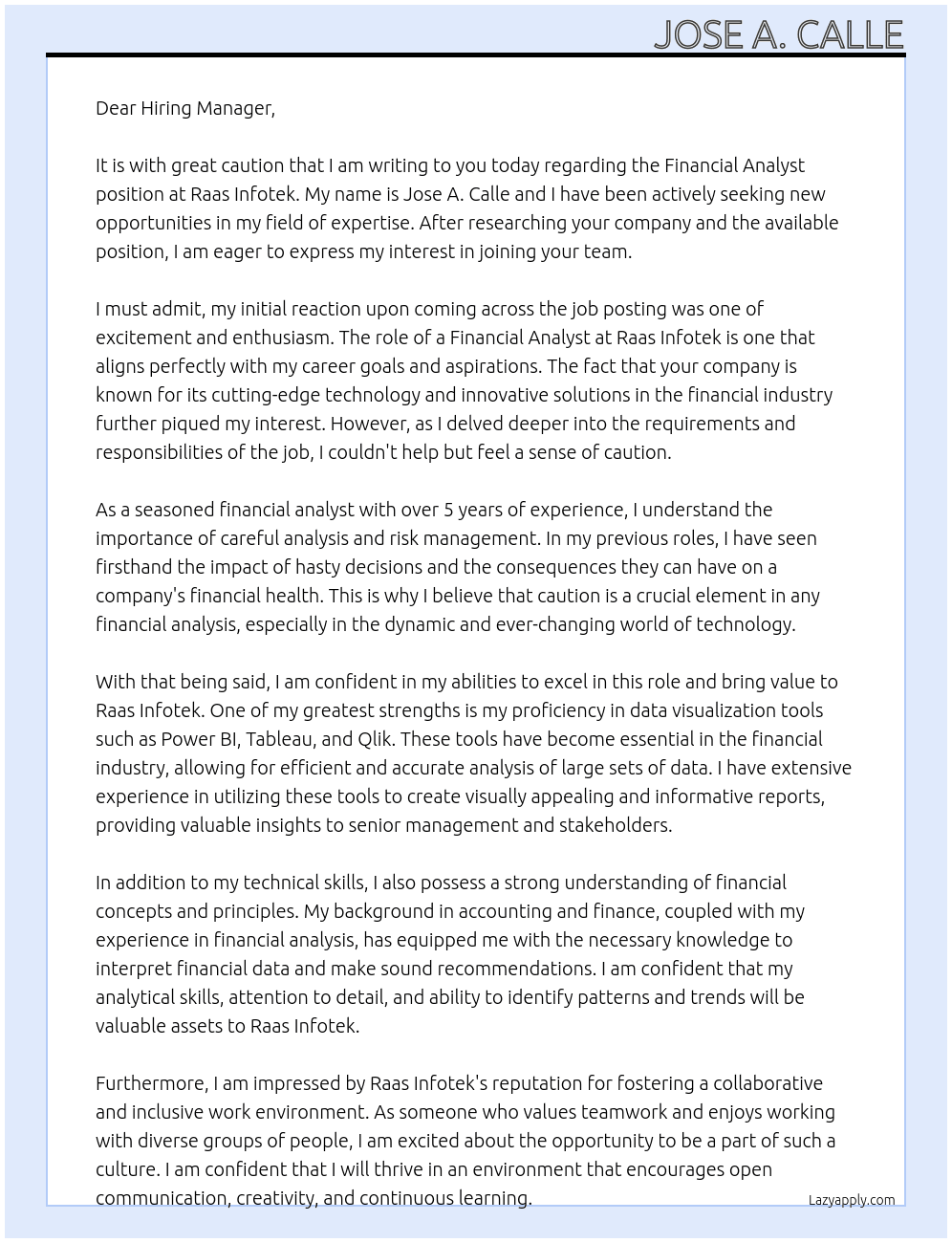 Financial Analyst(Power BI/Tableau/Qlik) At Raas Infotek Cover Letter