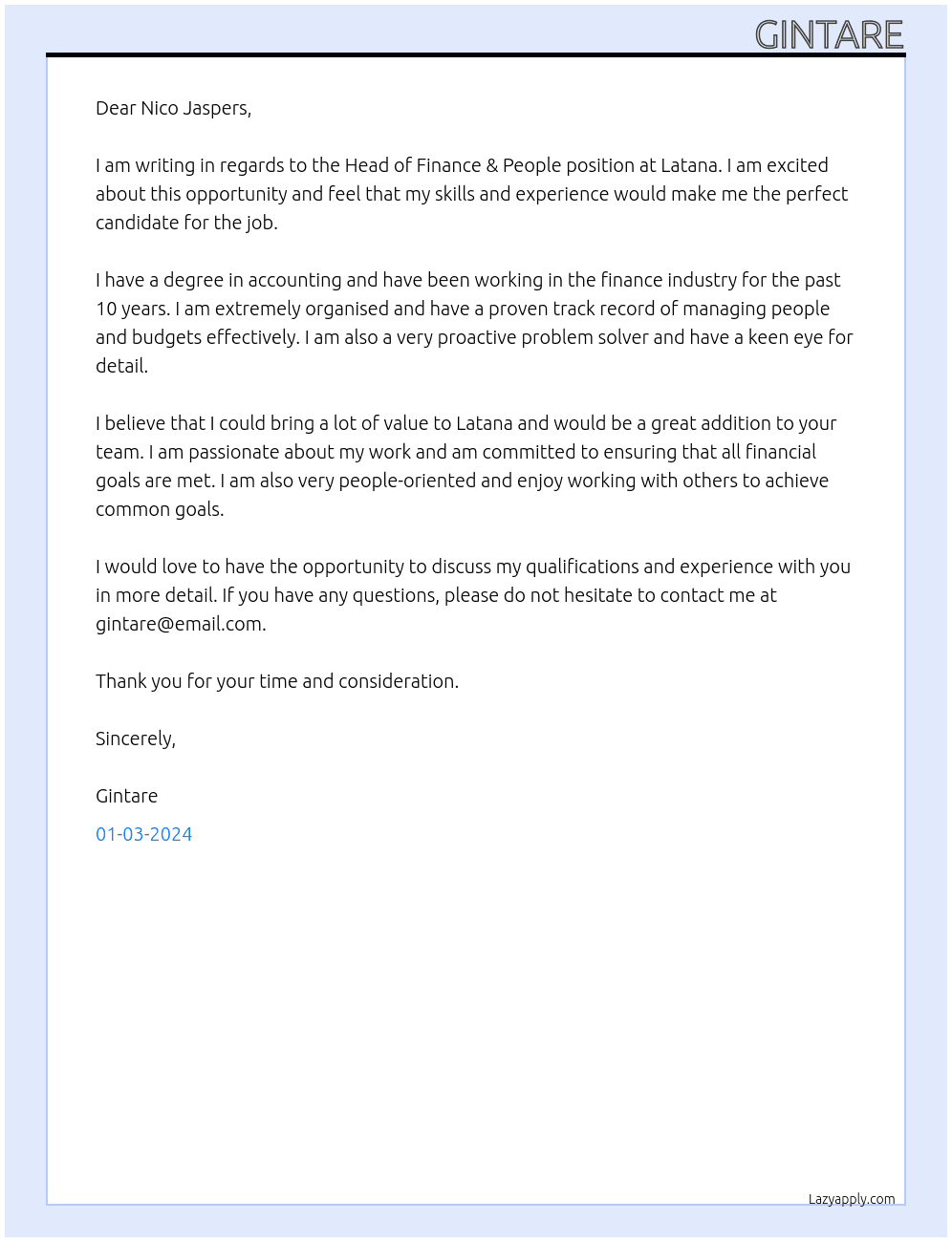 Head of Finance & People At Latana Cover Letter