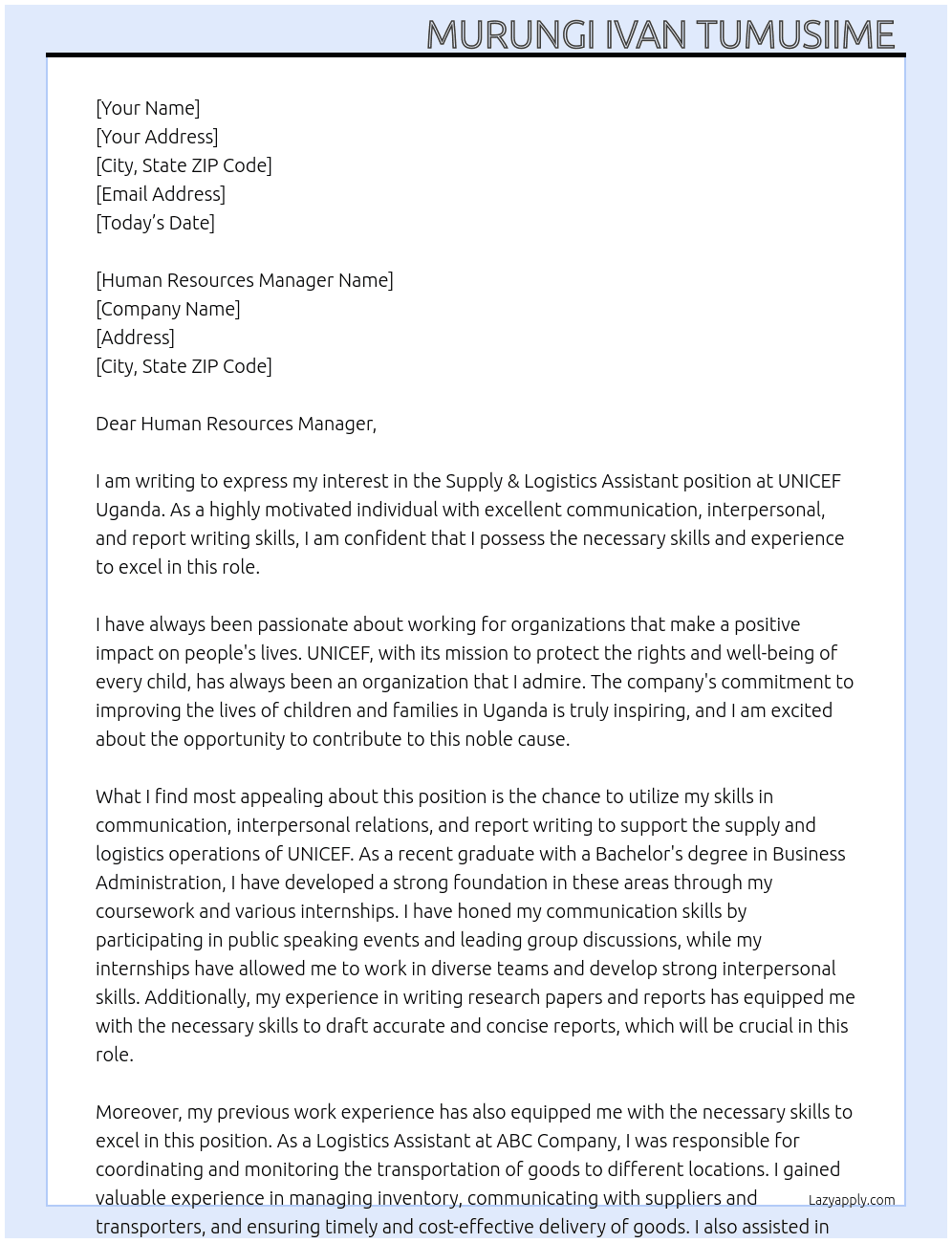 Supply & Logistics Assistant At UNICEF Uganda  Cover Letter