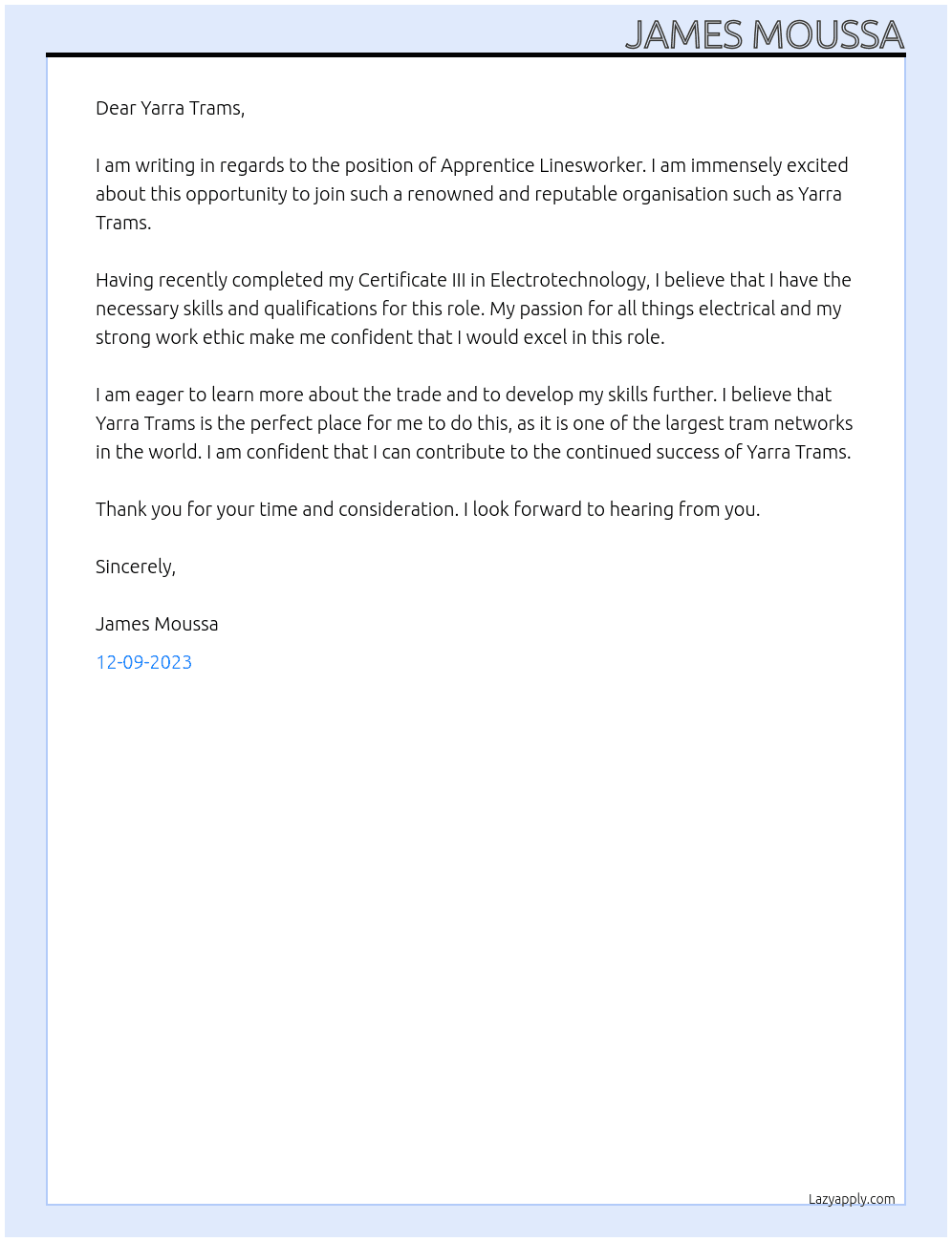 Apprentice Linesworker At Yarra Trams Cover Letter