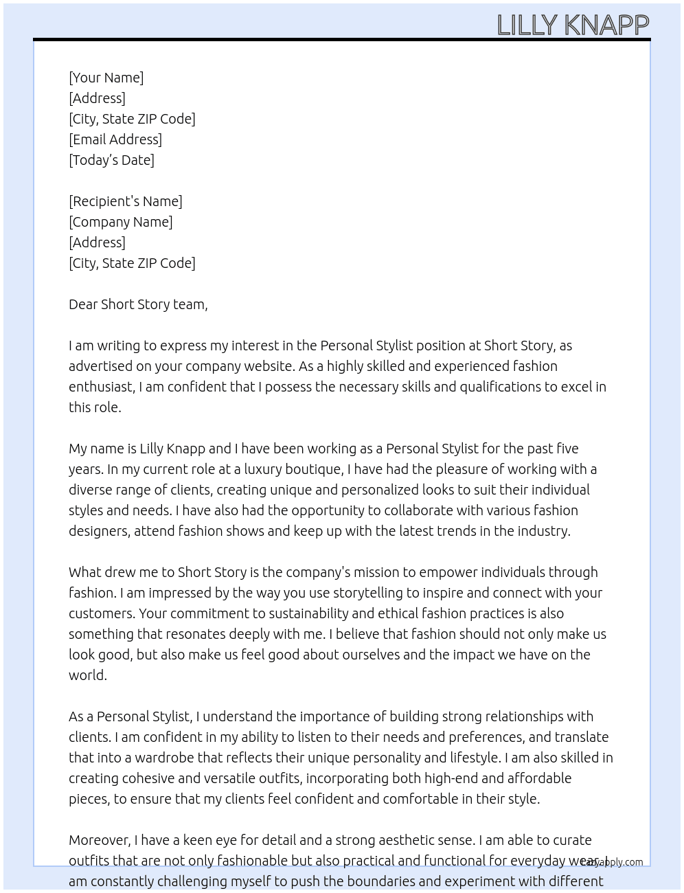 Personal Stylist  At Short Story  Cover Letter