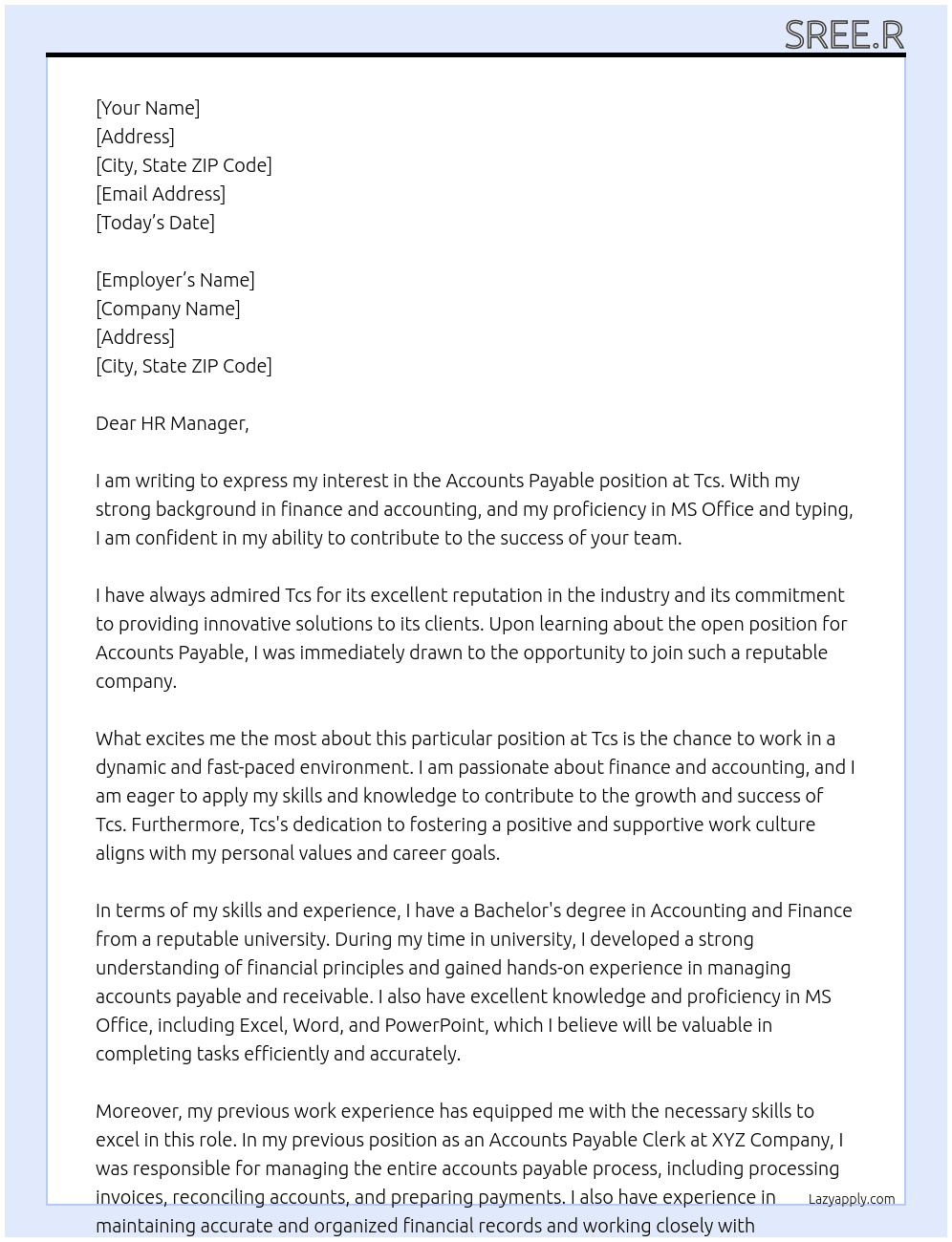 Accounts payable  At Tcs Cover Letter
