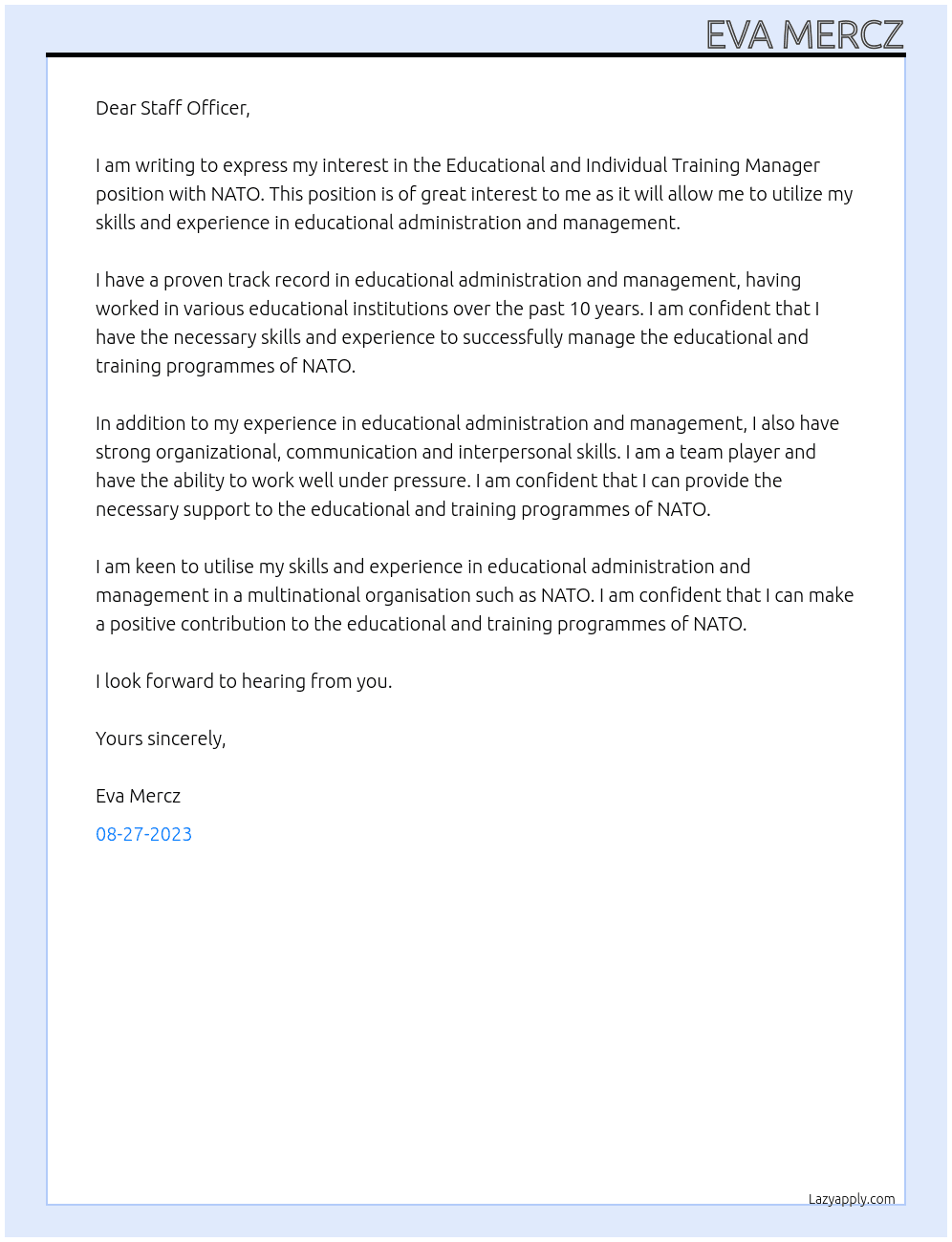 Educational and Individual Training Manager At NATO Cover Letter