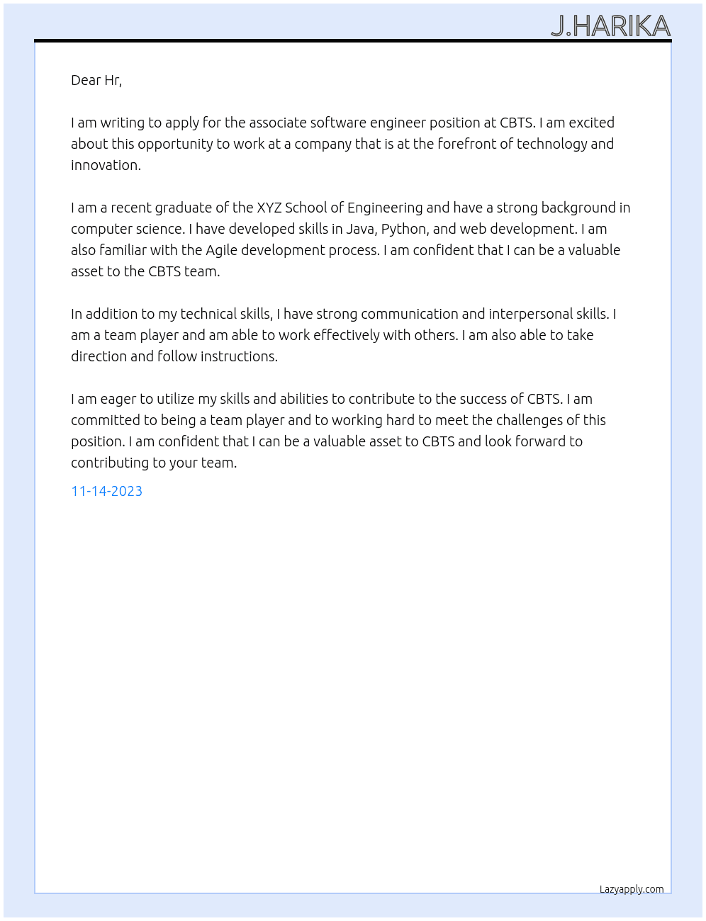 Associate software Engineer  At CBTS Cover Letter