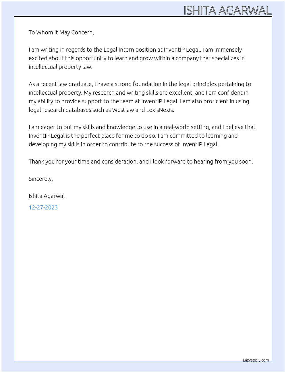 Legal Intern At InventIP Legal Cover Letter