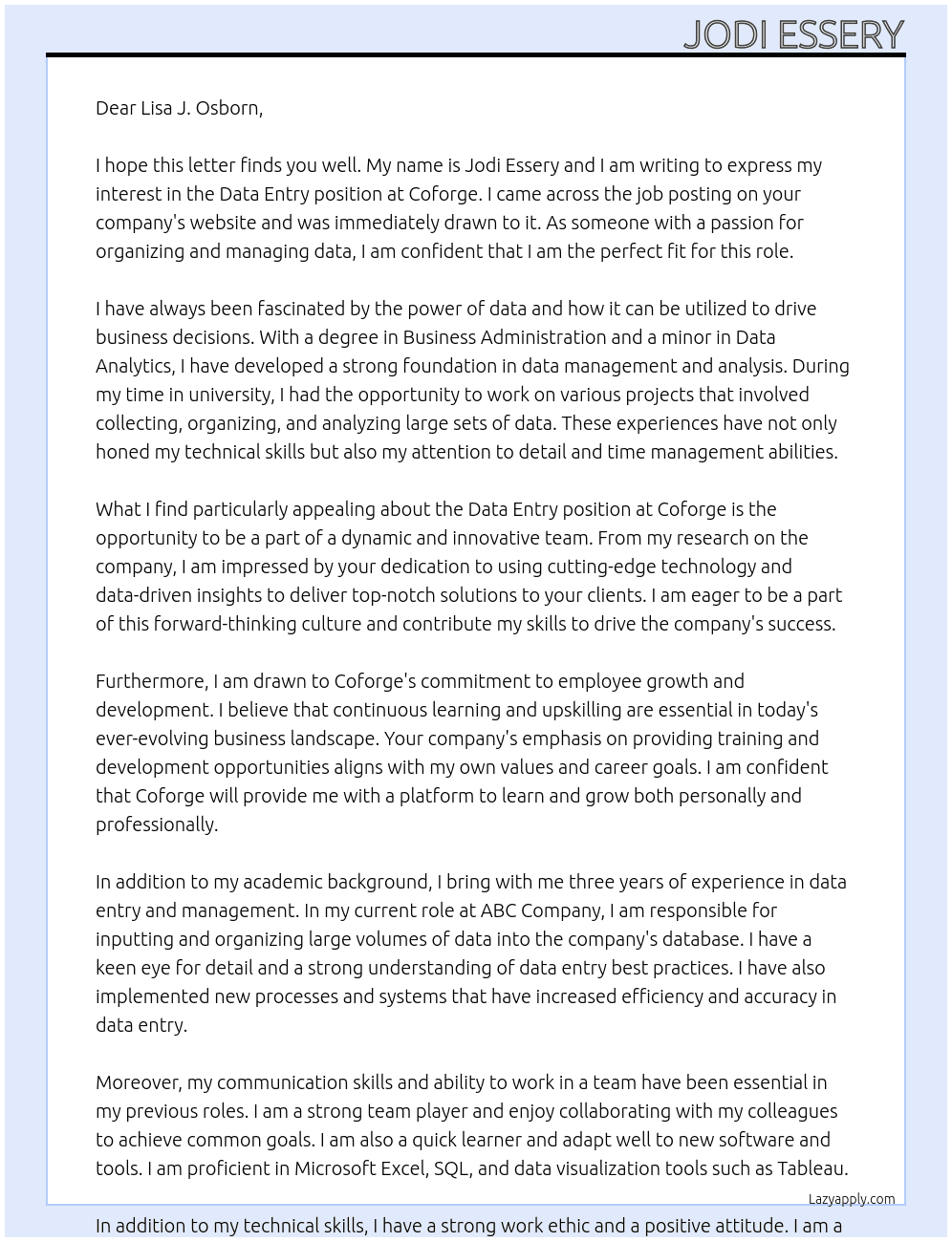Data Entry At Coforge Cover Letter
