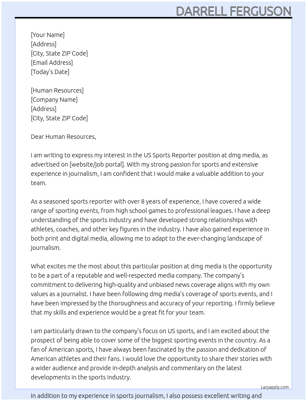 US Sports Reporter At dmg media Cover Letter