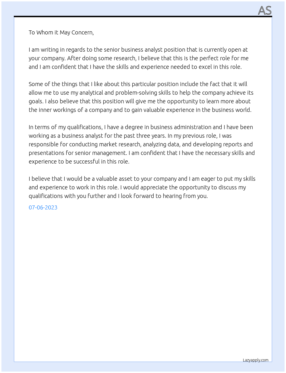 senior business analyst At sds Cover Letter