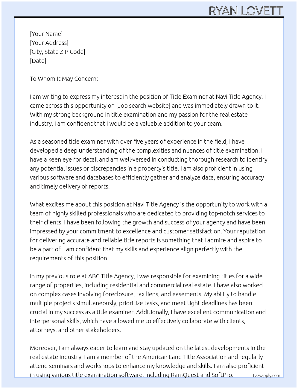 Title Examiner At Navi Title Agency Cover Letter