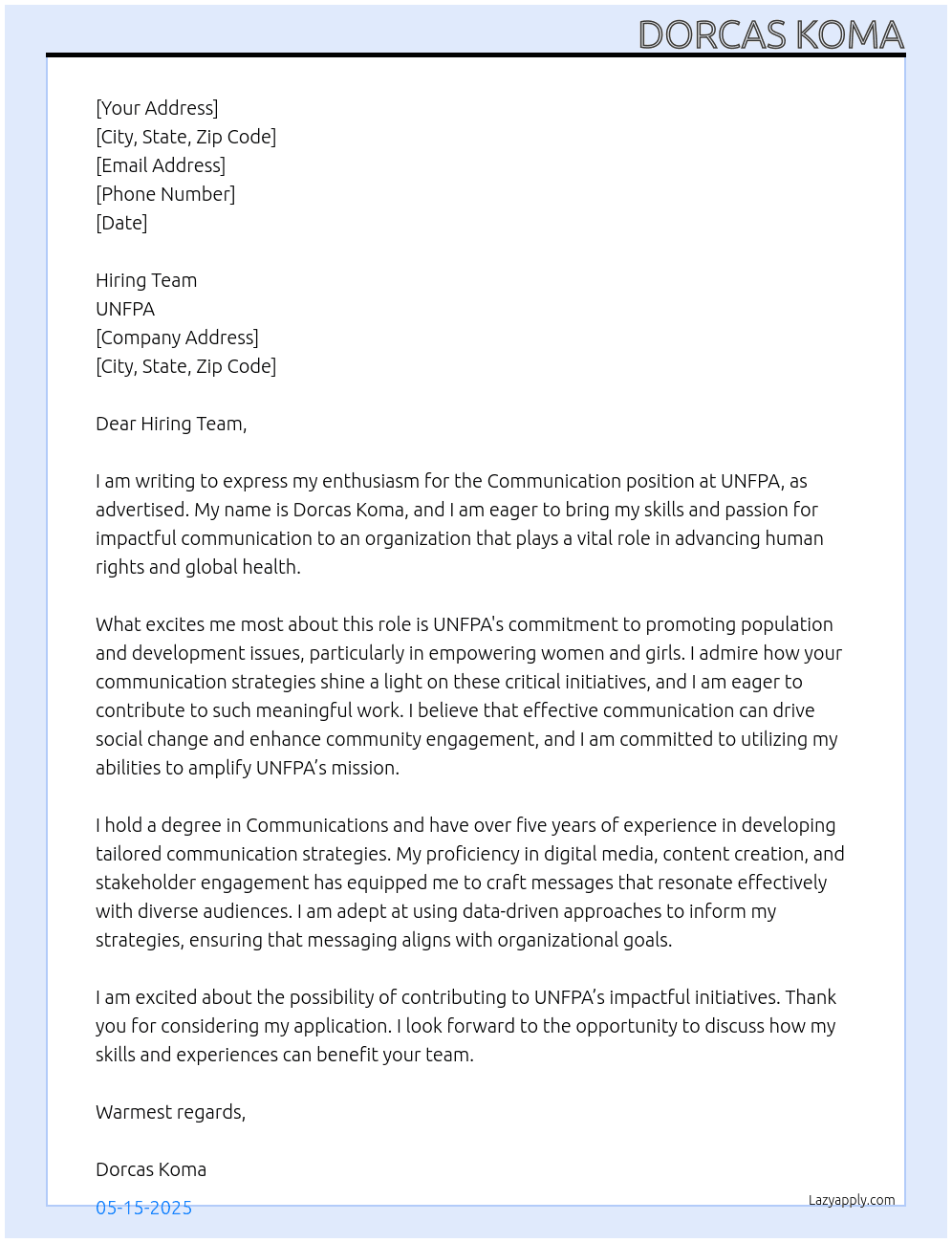 Communication  At UNFPA Cover Letter