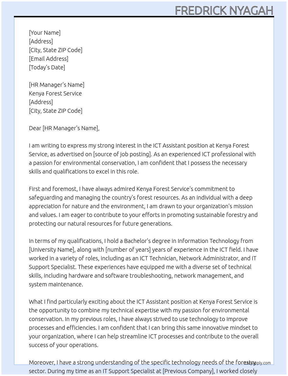 ict assistant At kenya forest service Cover Letter