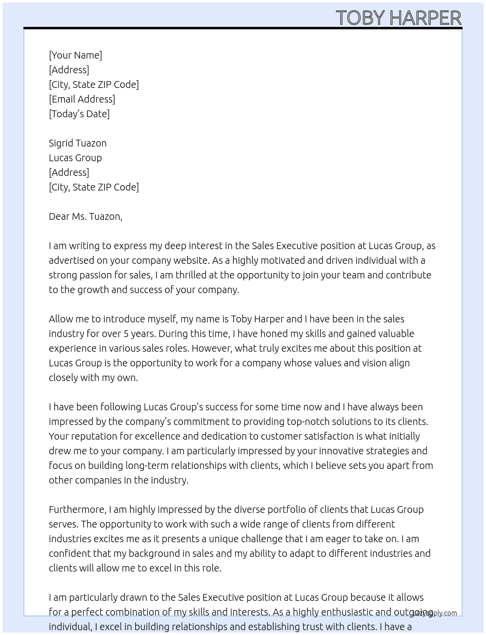 Sales Executive At Lucas Group Cover Letter