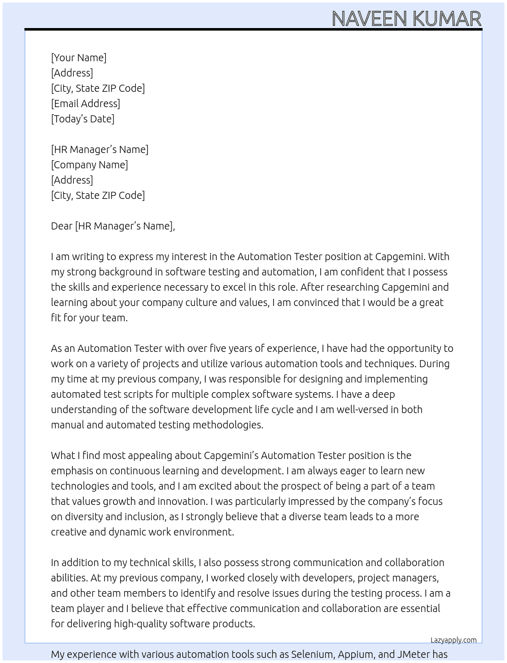 Automation tester At Capgemini  Cover Letter