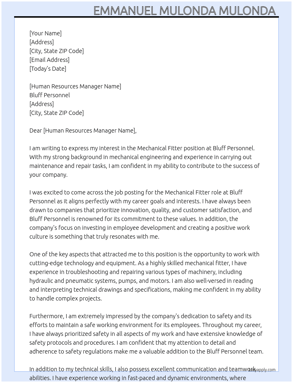 Mechanical fitter  At Bluff Personnel Cover Letter