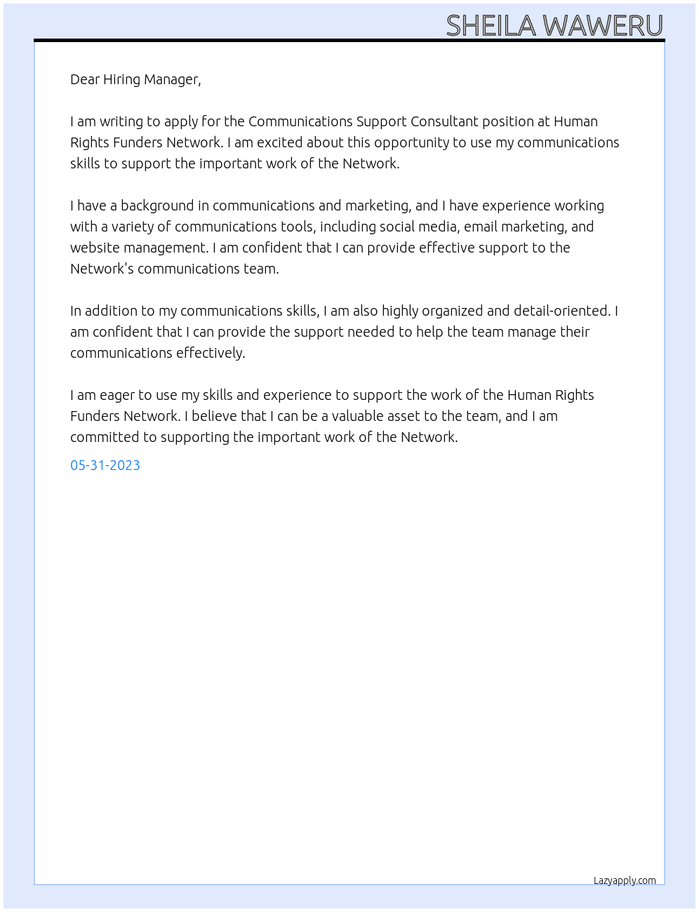 Communications Support Consultant  At Human Rights Funders Network Cover Letter