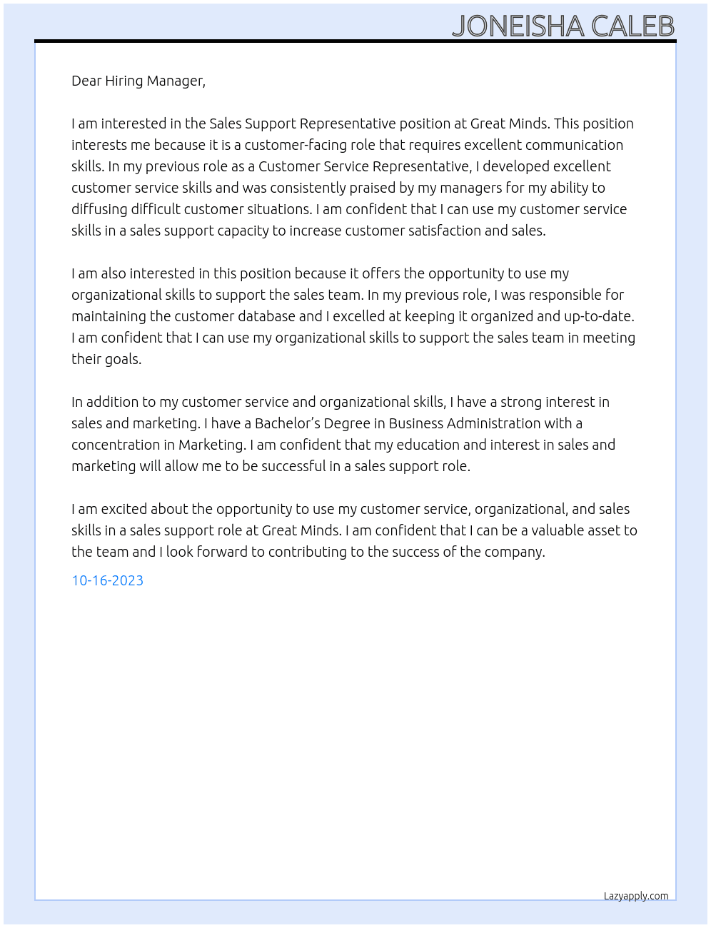 Sales Support Representative At Great Minds Cover Letter