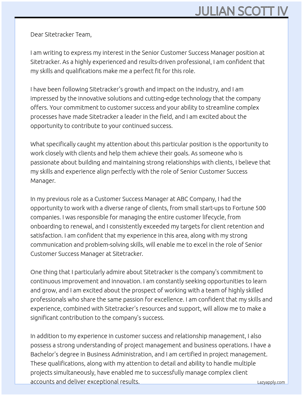 Senior Customer Success Manager At Sitetracker Cover Letter