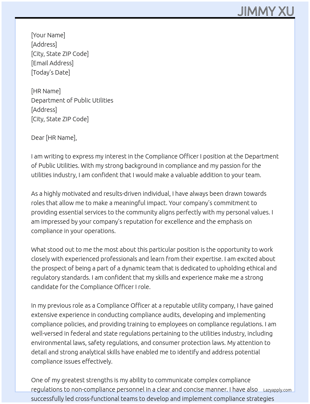 Compliance Officer I At Department of Public Utilities Cover Letter