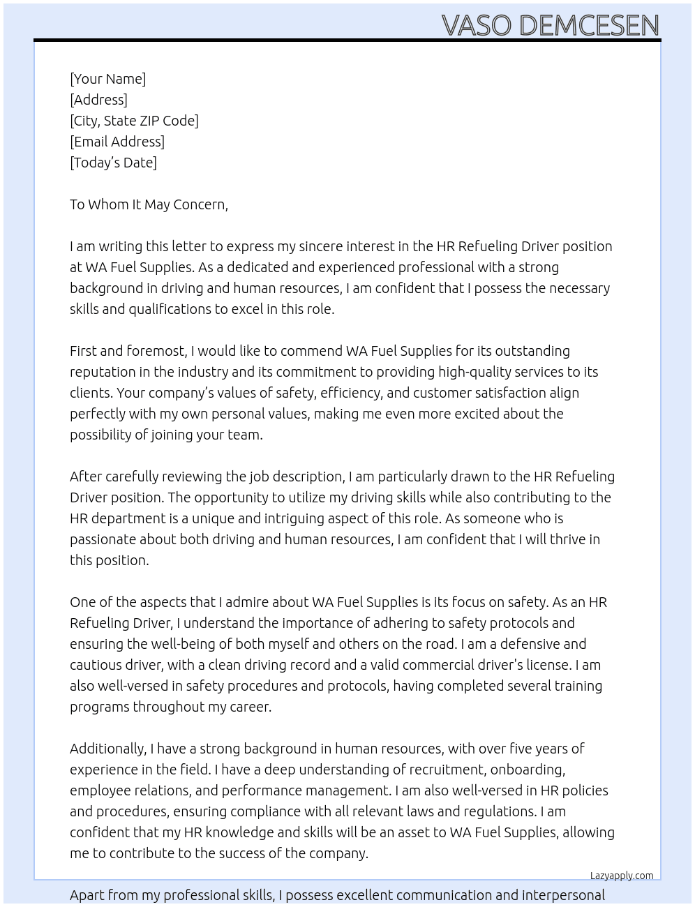 HR Refueling Driver At WA Fuel Supplies Cover Letter