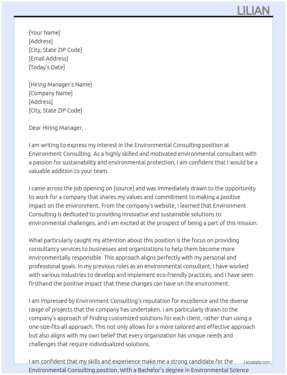 Environmental consulting At Environment consulting Cover Letter