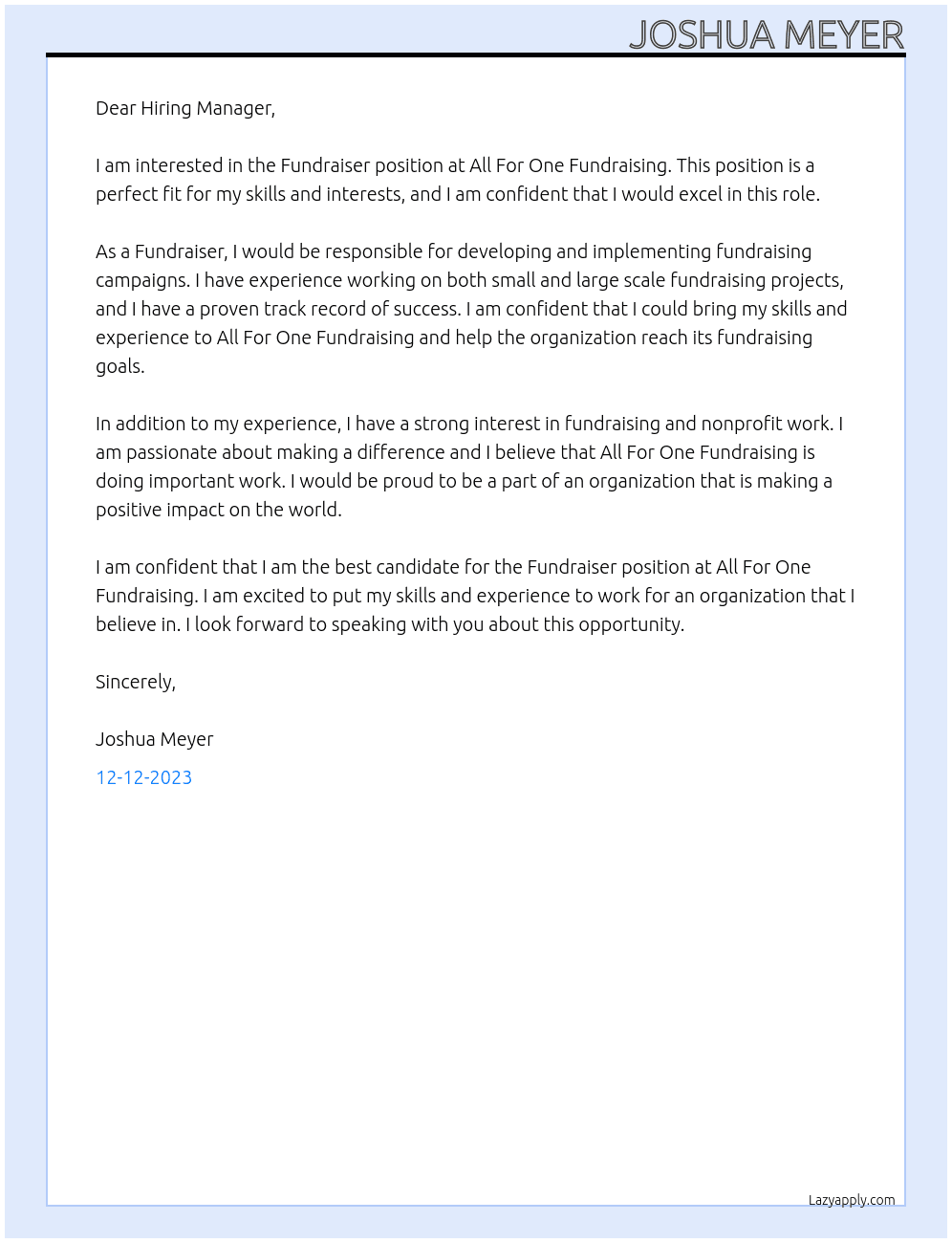 Fundraiser At All For One Fundraising Cover Letter