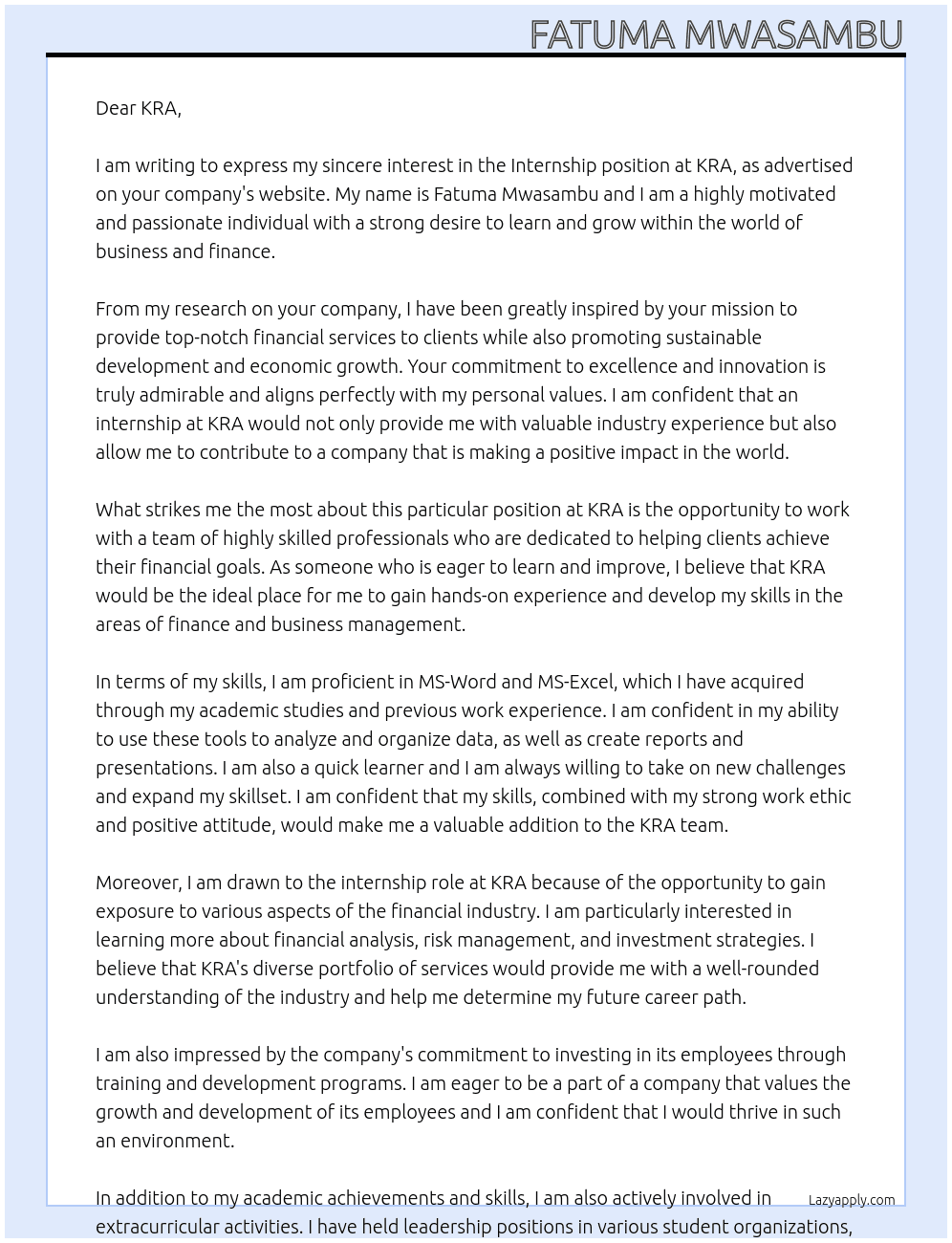 Internship at KRA At KRA Cover Letter