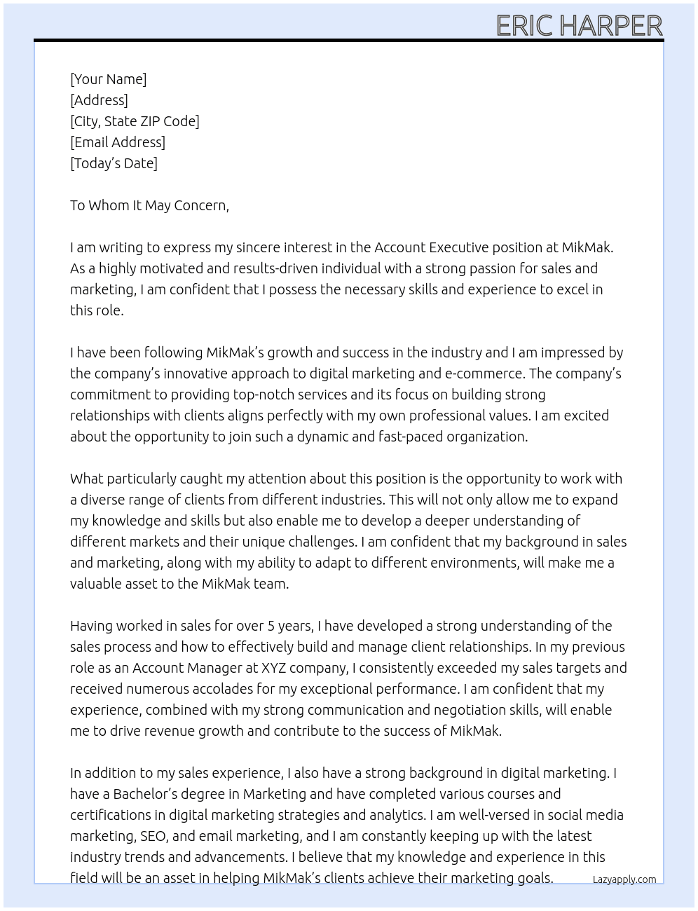 Account Executive At MikMak Cover Letter