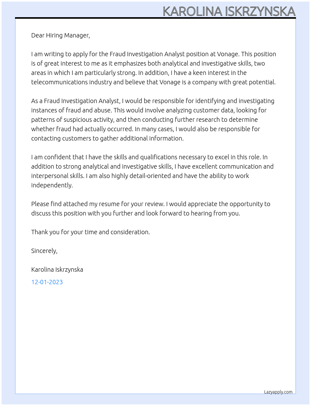 Fraud Investigation Analyst  At Vonage Cover Letter