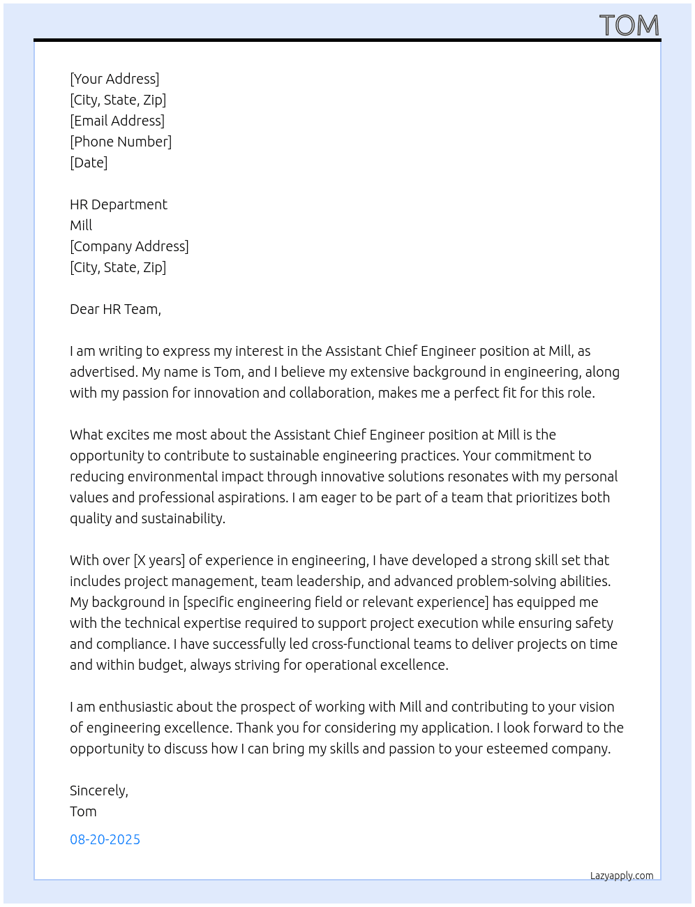 assistant chief engineer  At mill Cover Letter